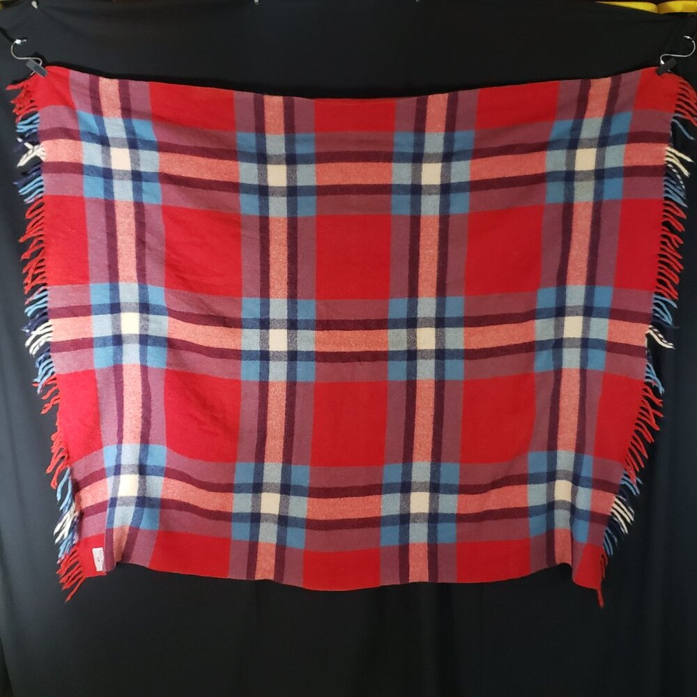 Vintage Troy Robe Wool Throw Blanket - Orange / Beige / Blue Plaid